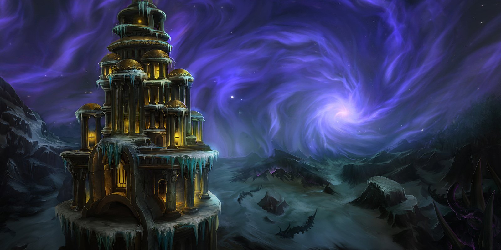 Iced, gold-lit fortress on a frozen shore beneath a swirling purple vortex — artwork from the video game MMORPG World of Warcraft: Cataclysm (Warcraft).