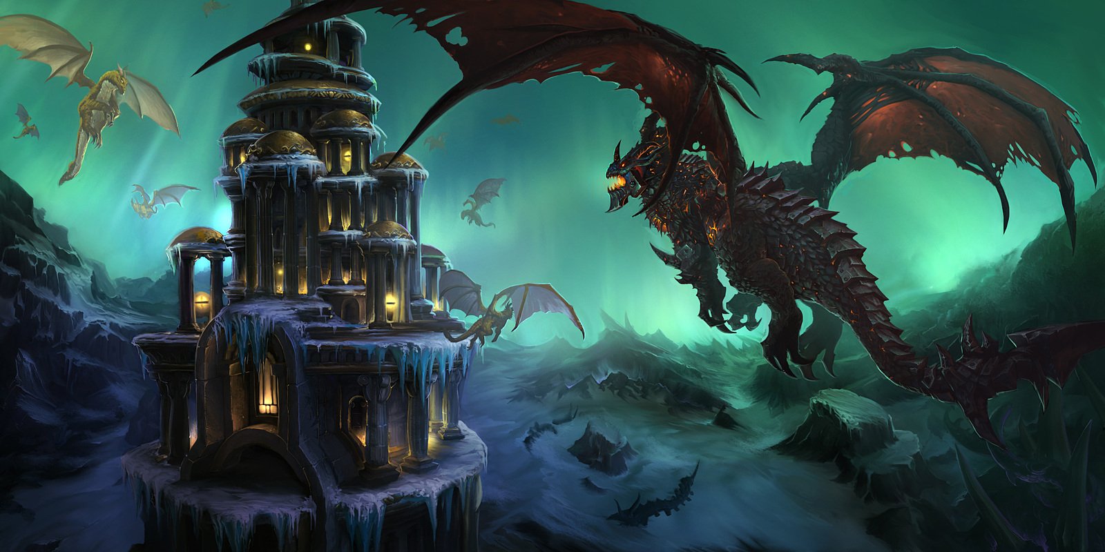 Crimson dragon and smaller drakes circle icy fortress spires under a stormy green sky — World of Warcraft: Cataclysm MMORPG artwork.
