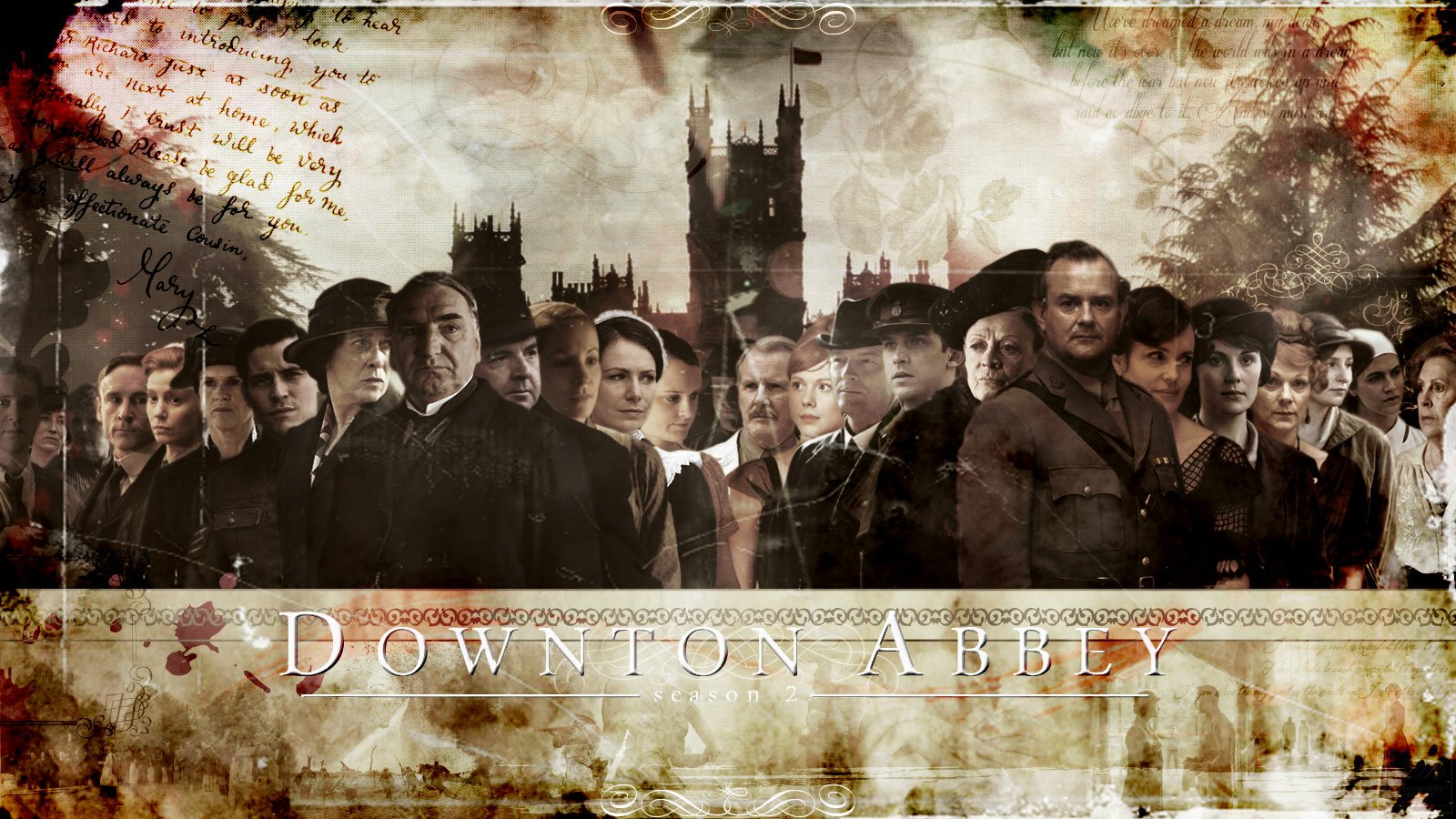 Sepia-toned Downton Abbey ensemble portrait: the cast lined up before the silhouetted manor, with the series title banded across the bottom.