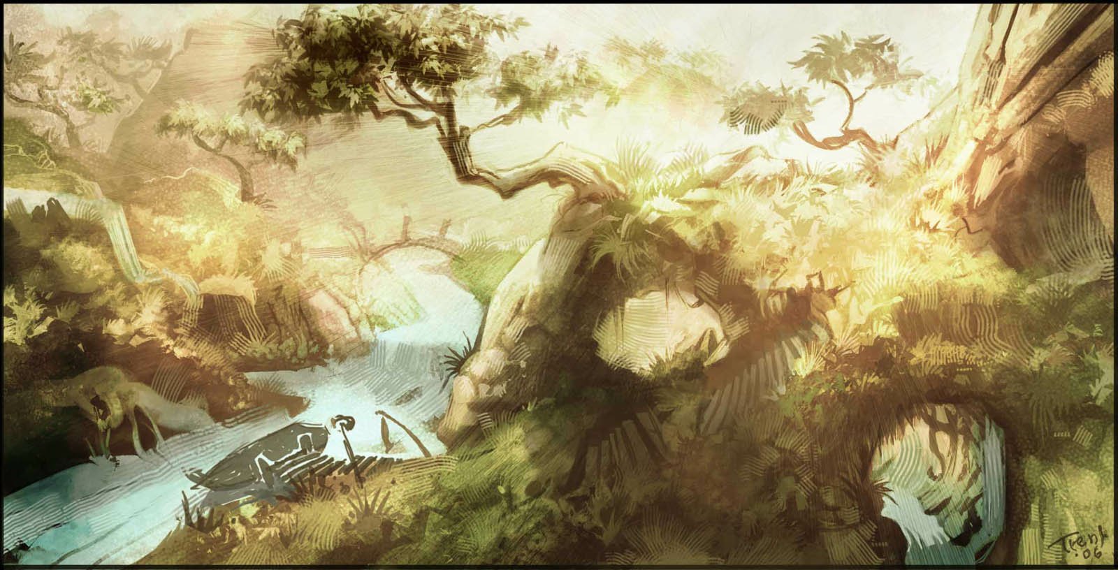 Lush, mystical forest scene from World of Warcraft: Wrath of the Lich King, featuring towering trees with twisted branches and a serene river flowing through.