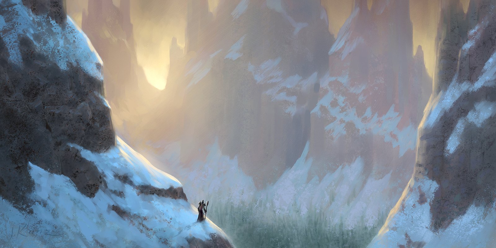 A lone figure stands in a snowy mountainous landscape from World of Warcraft: Wrath of the Lich King, showcasing the game's immersive, icy environment.