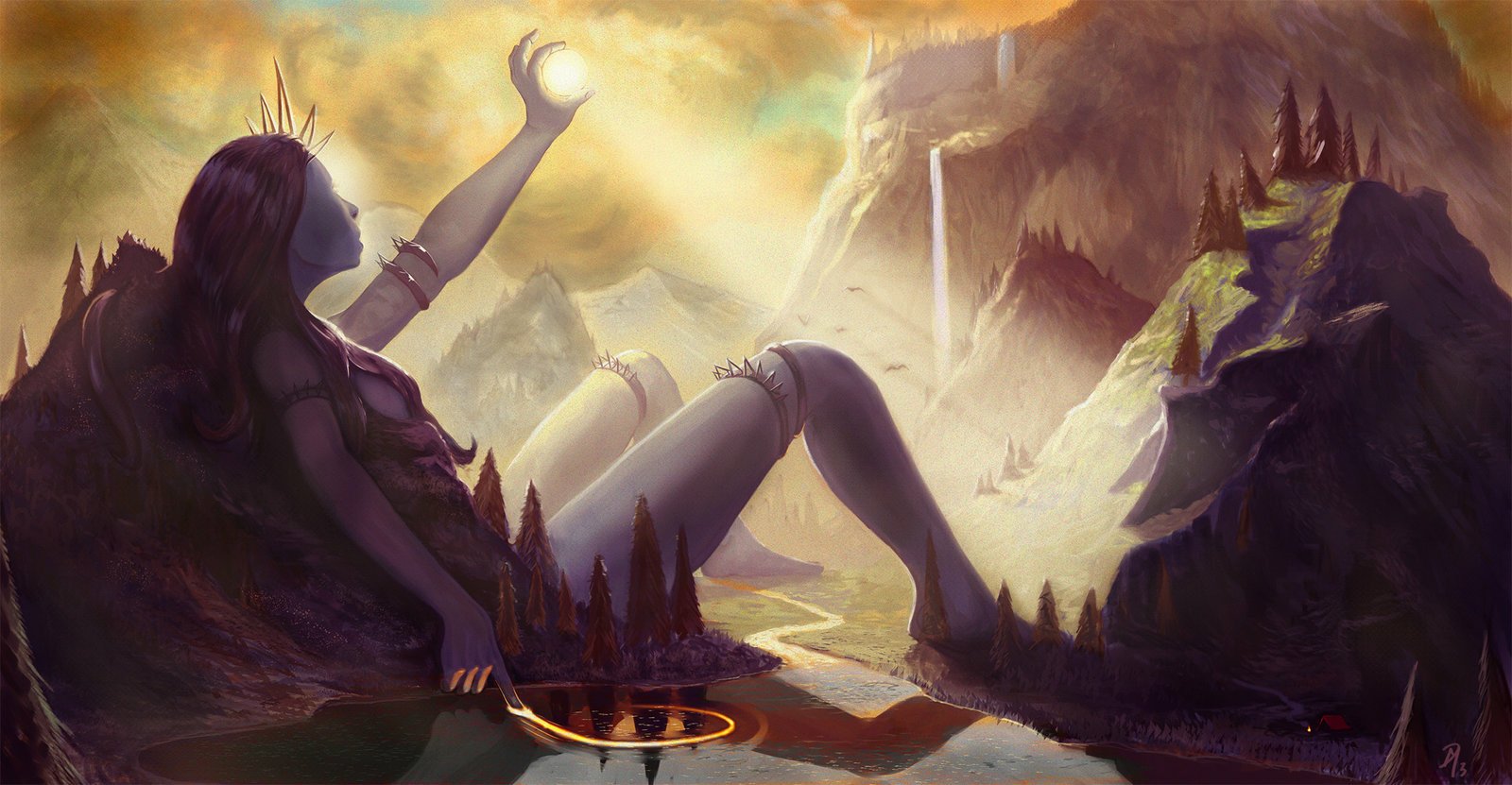 A fantasy scene featuring a colossal woman reclining across a landscape, with towering cliffs and a mystical glow enveloping the surreal environment.