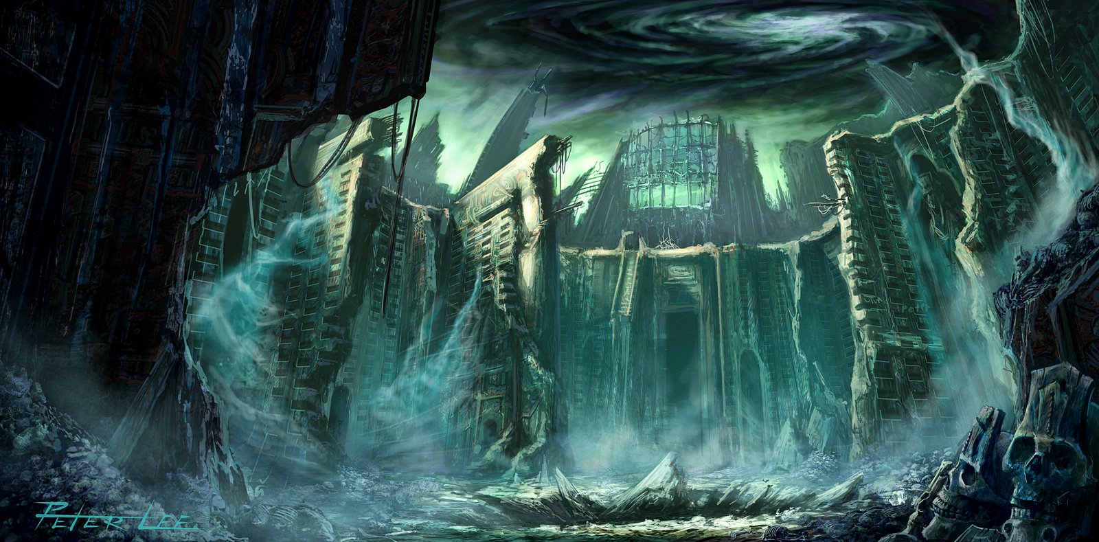 Dark, ominous cavern with towering stone pillars and swirling green mist, depicting a scene from World of Warcraft: The Burning Crusade video game.