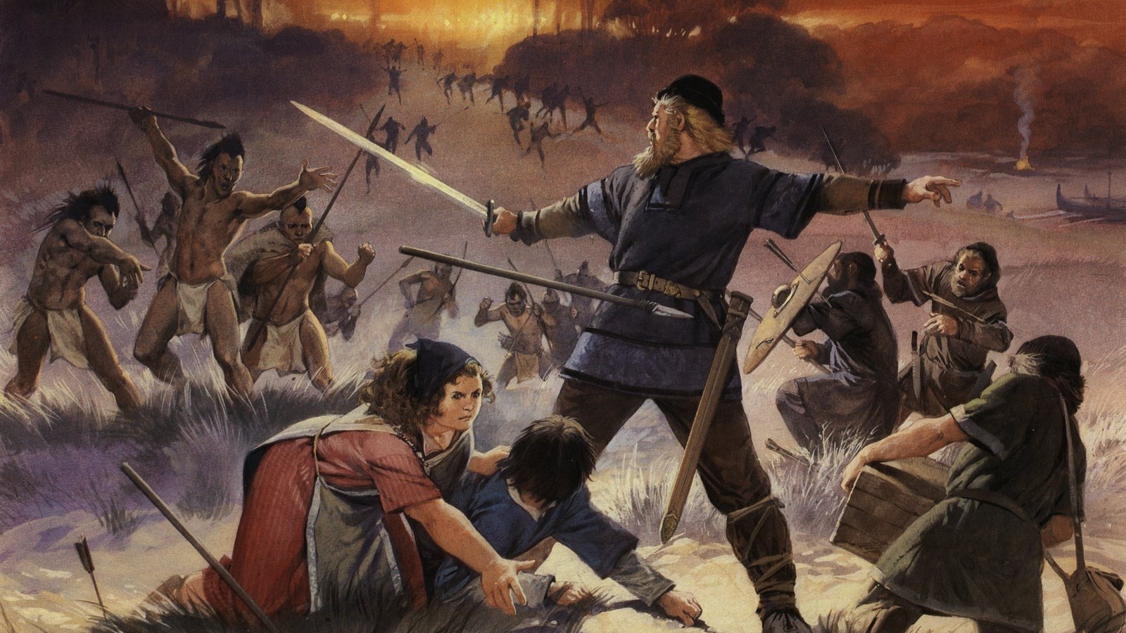 Fantasy Viking battle: bearded warrior in Nordic garb holds sword high defending villagers from raiders on a misty shoreline as flames and storm clouds churn overhead.