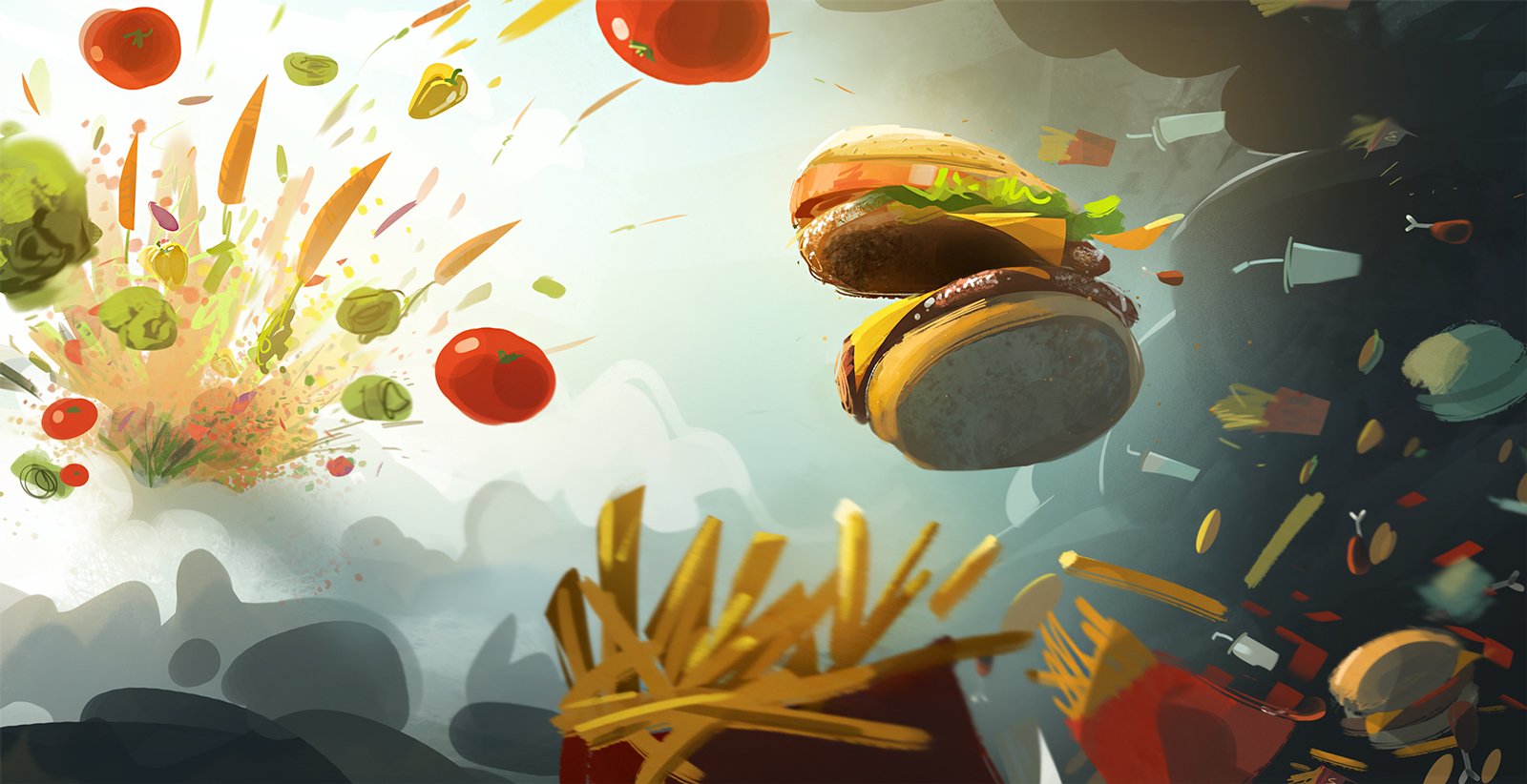 Artistic depiction of a floating cheeseburger and fries surrounded by vibrant splashes of ketchup, lettuce, and tomato slices in a dynamic food-themed scene.