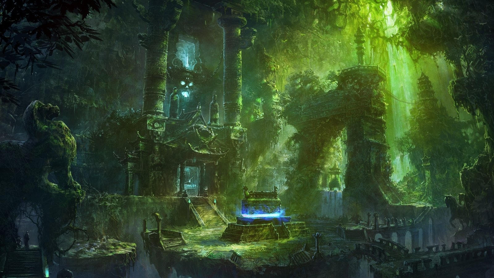 A vibrant fantasy landscape featuring ancient ruins, enveloped in lush greenery and illuminated by ethereal blue light, creating a mystical and enchanting atmosphere.