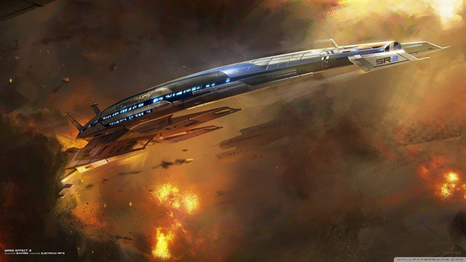The Normandy SR-2 spaceship from the Mass Effect video game flies through a fiery, battle-scarred space environment.