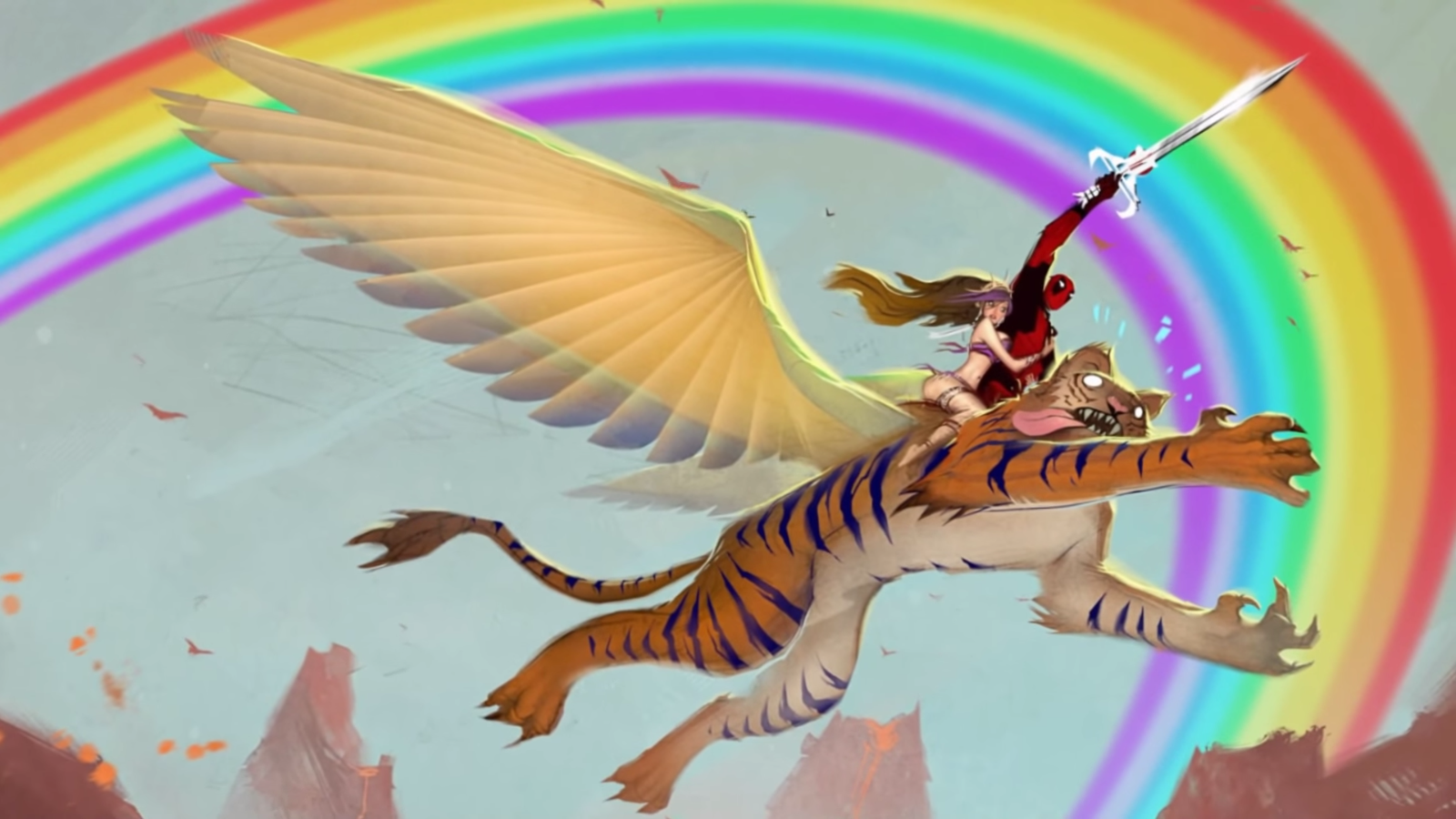 A vibrant scene featuring a winged figure in a red and black outfit, reminiscent of Deadpool, riding a fierce tiger under a colorful rainbow in a whimsical video game style.