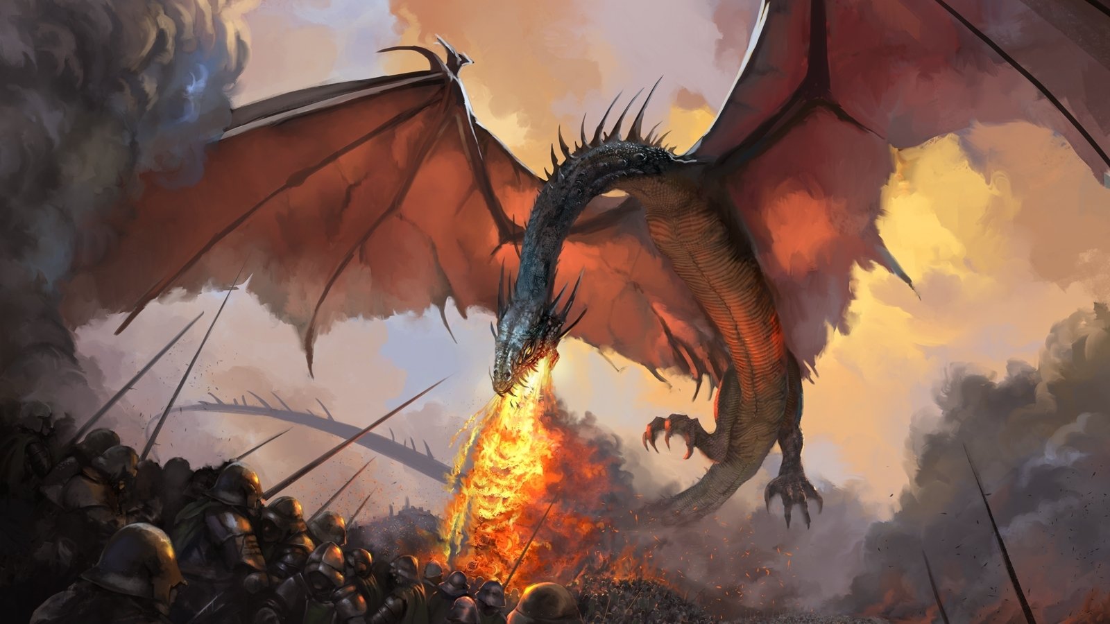 A fiery wyvern-like fire dragon unleashes flames on an army below in a dramatic fantasy battle scene.