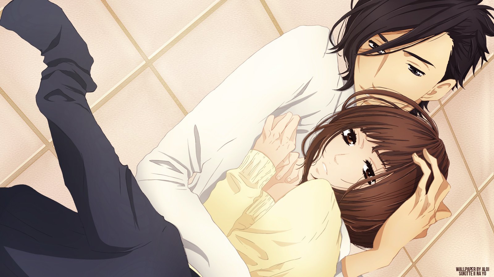Anime scene from Say 'I Love You' showing a tender moment as a young couple embraces closely on the floor, expressing quiet affection and comfort.