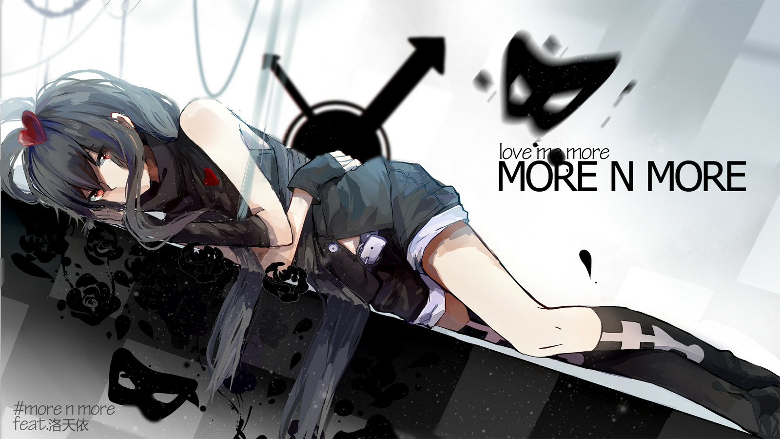 Luo Tianyi, a popular Vocaloid character, is depicted in this striking anime artwork, showcasing her in a dynamic pose with bold graphics and themes of love and expression.
