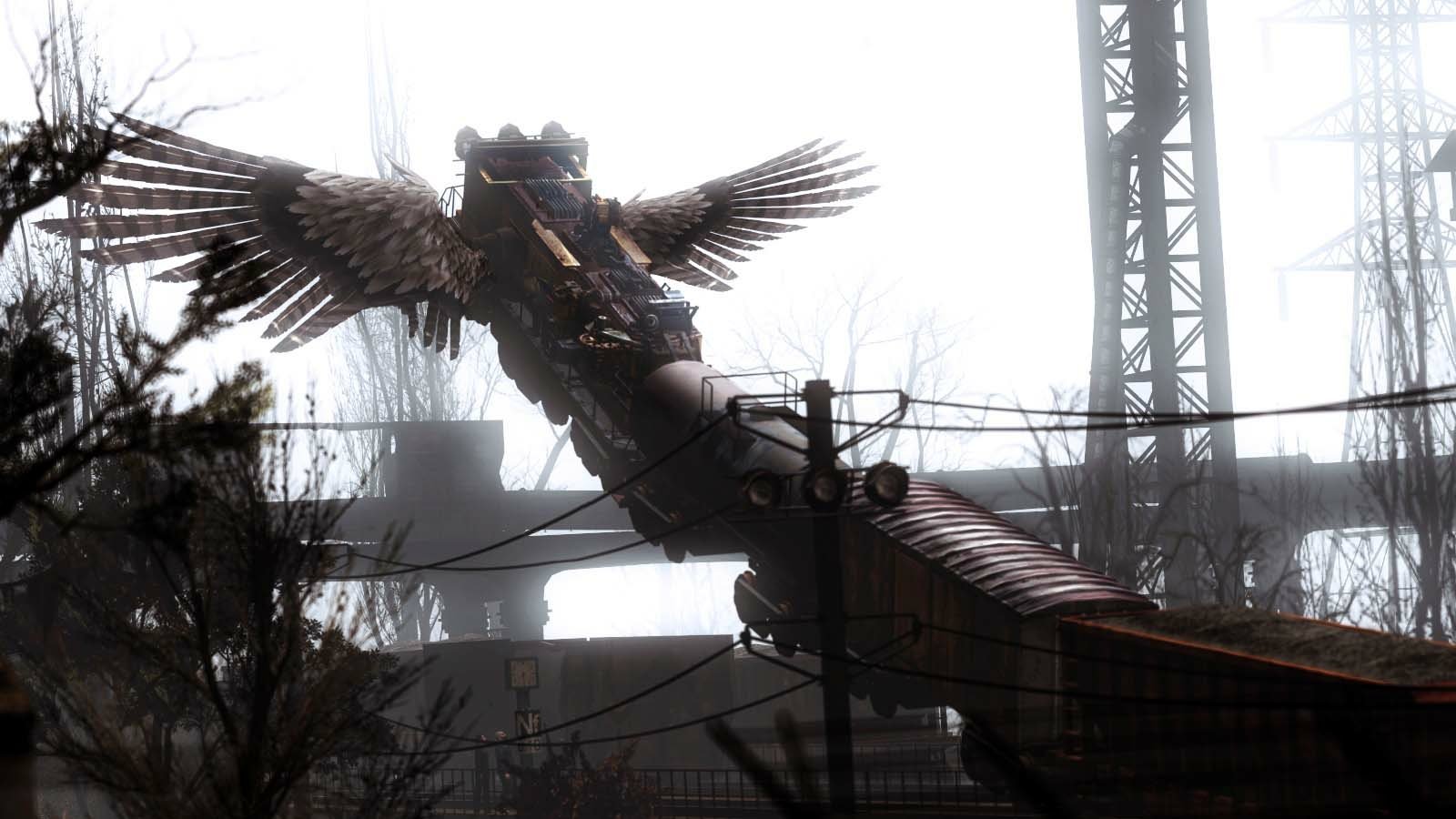 Garry's Mod video game scene: a mechanical winged dragon perched on a rusted elevated track amid fog, power lines, and industrial towers.