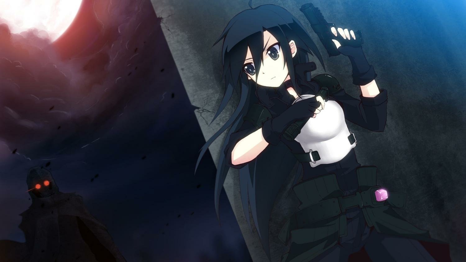 A character from Sword Art Online II, equipped with a gun, stands ready for battle against a dark figure in a dramatic, moonlit setting, embodying the intense themes of the anime.