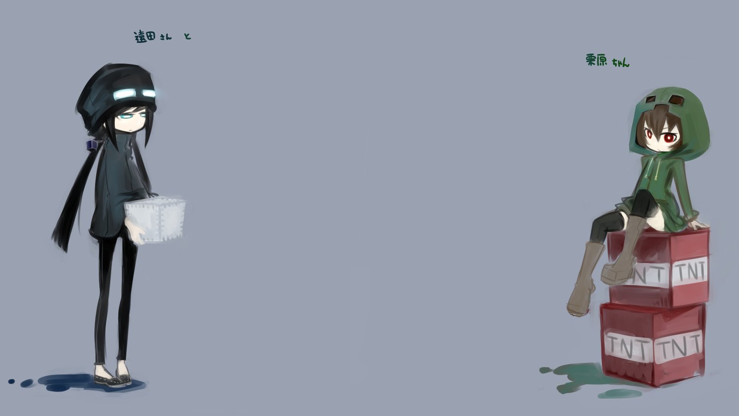 A Minecraft-inspired illustration featuring an Enderman holding a block and a Creeper sitting on TNT crates, capturing the playful essence of the video game.