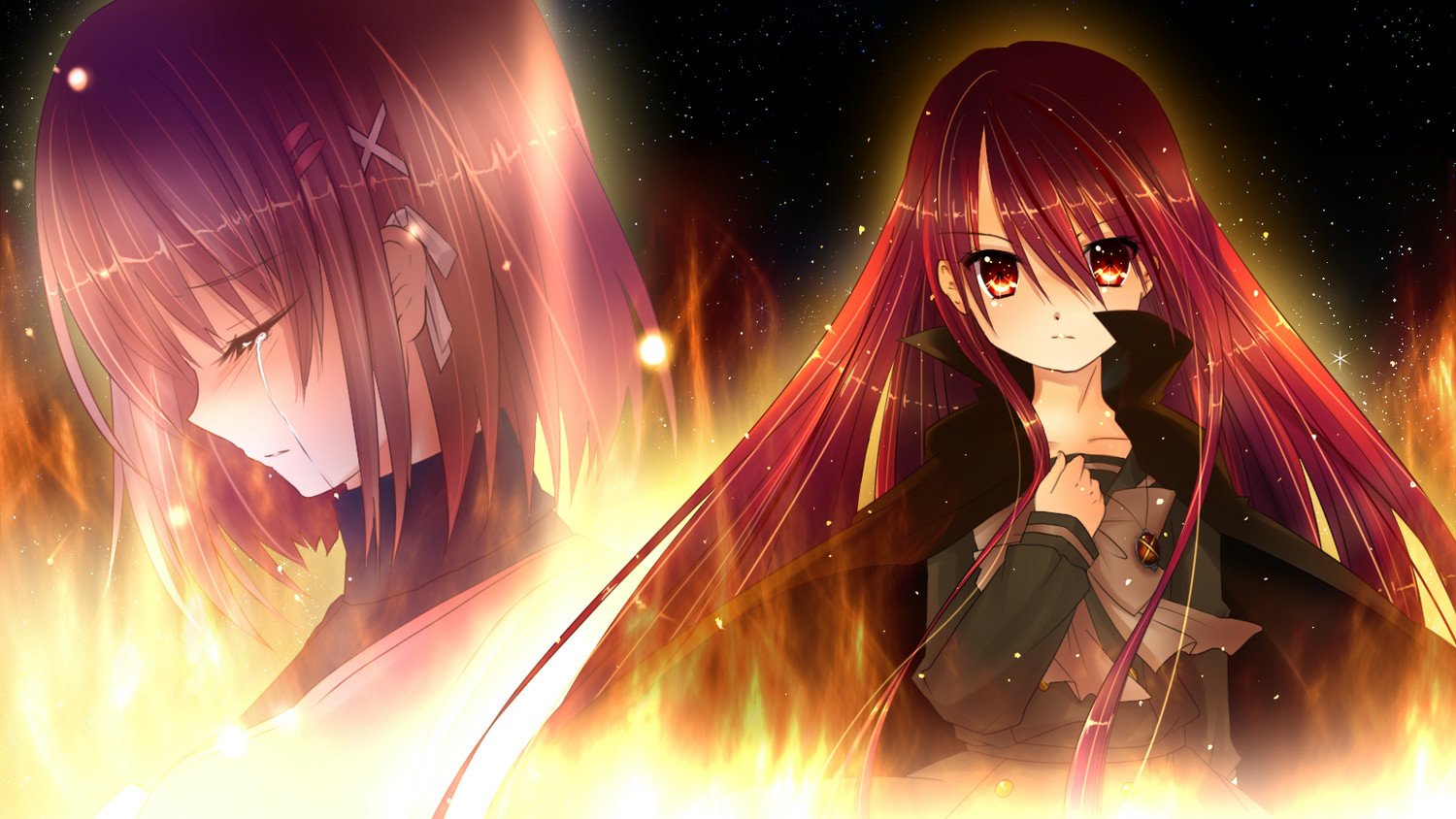 Anime image featuring Shana and Kazumi Yoshida from Shakugan No Shana, with fiery effects highlighting their contrasting expressions against a dark background.