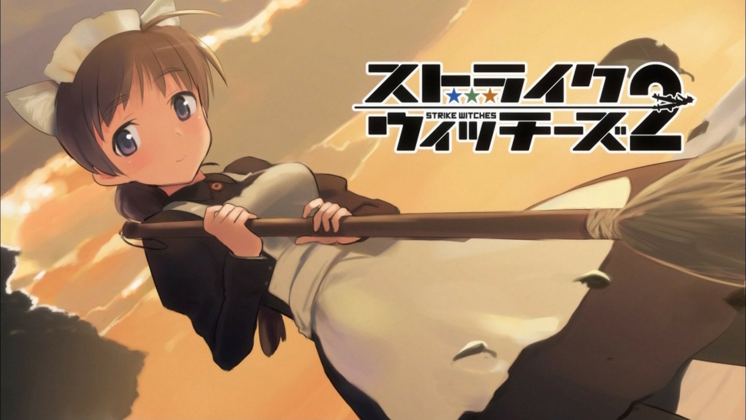 Lynette Bishop from the anime Strike Witches is depicted holding a broom with a sunset sky in the background.