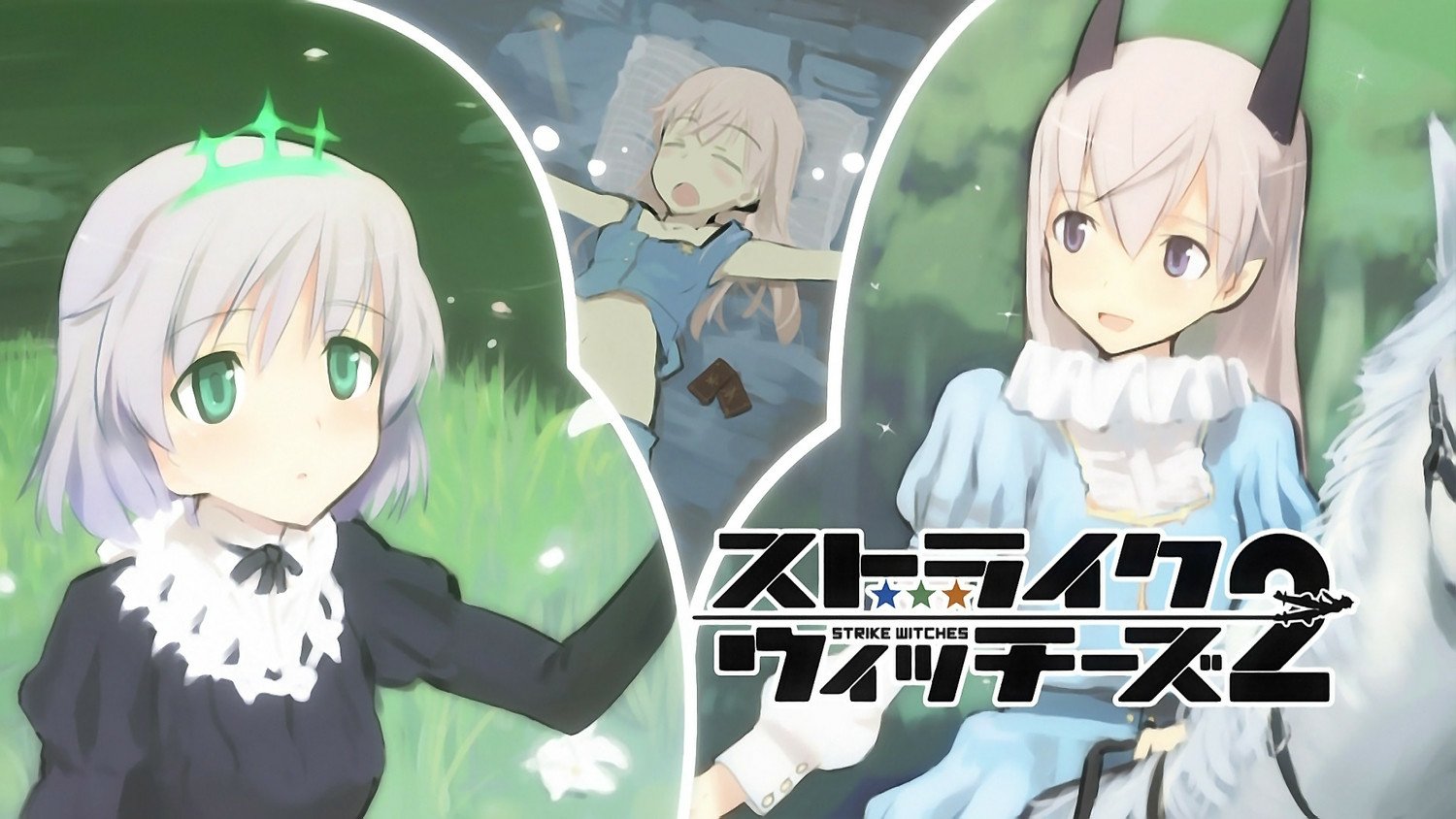 Anime illustration featuring Sanya V. Litvyak and Eila Ilmatar Juutilainen from Strike Witches, showcasing their distinct hairstyles and outfits against a dynamic background.