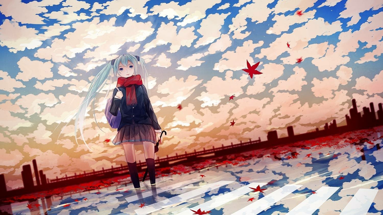 Hatsune Miku stands in a reflective, surreal landscape with a vivid sky filled with scattered clouds and red autumn leaves, capturing the essence of anime and Vocaloid art.