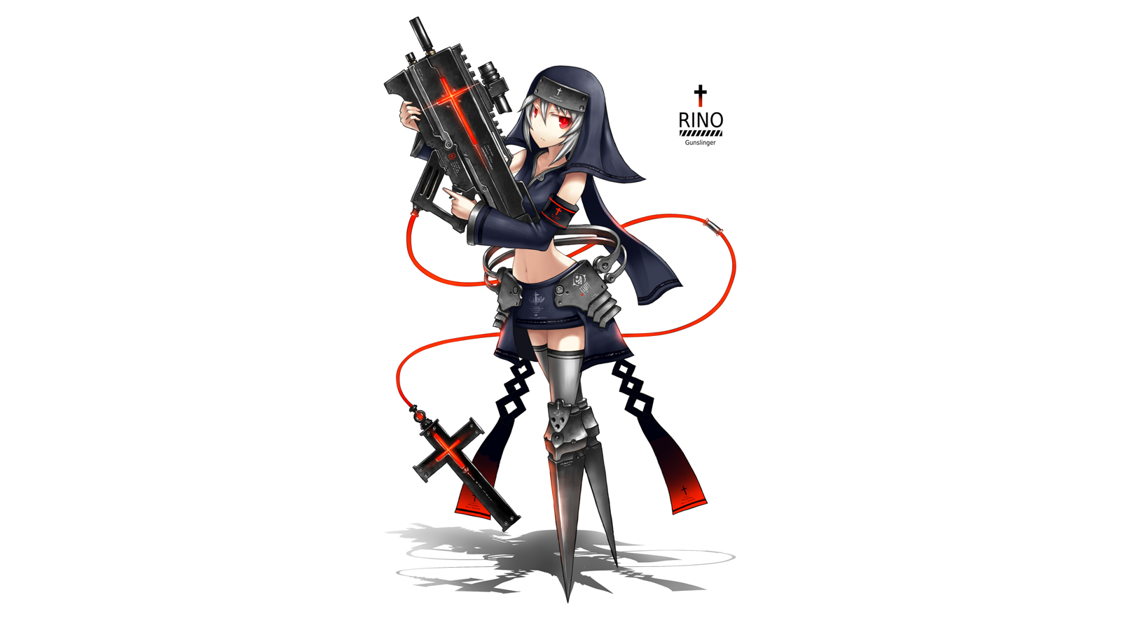cross thigh highs skirt headdress grey hair red eyes gun weapon nun Anime Original Image