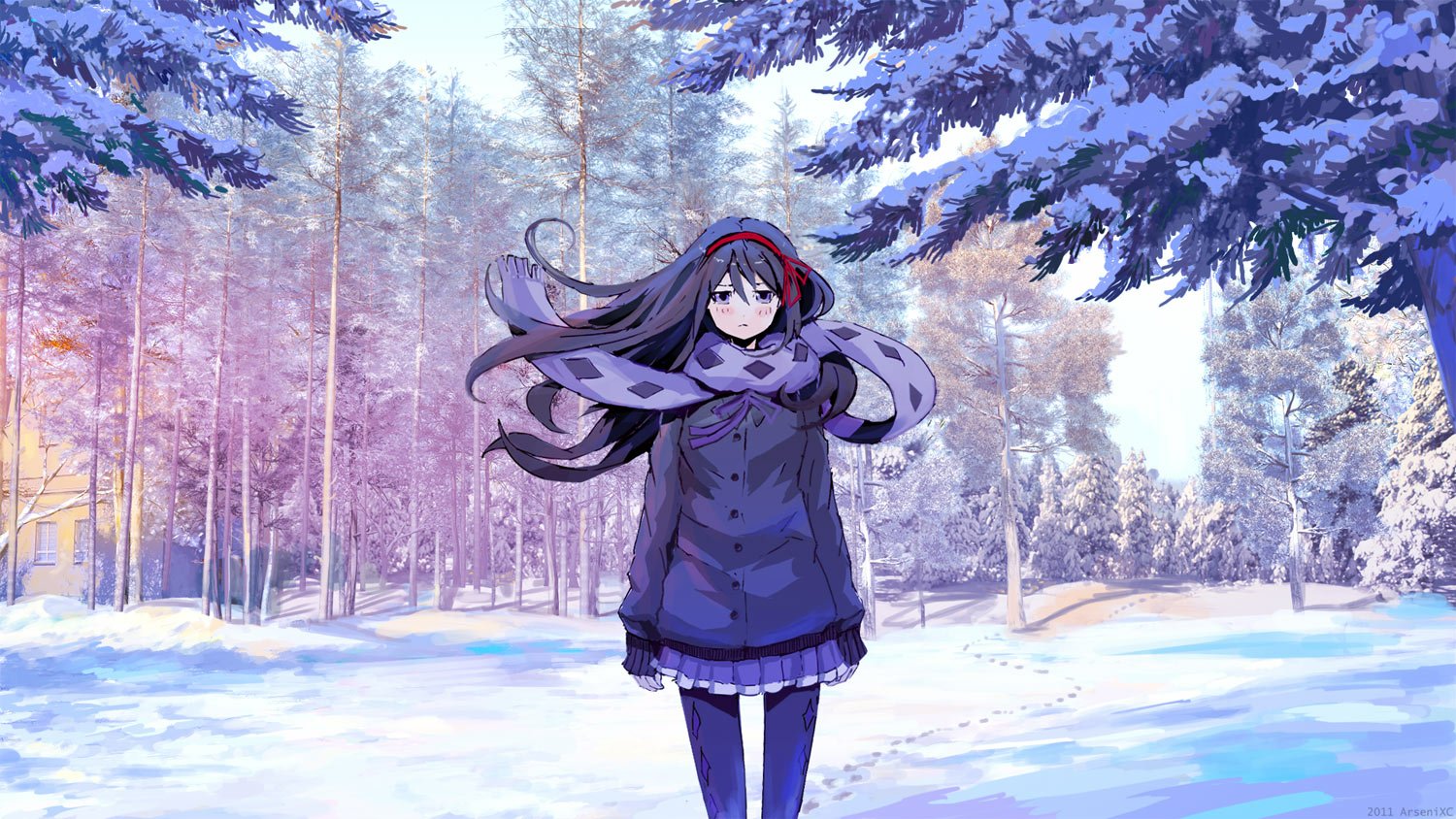 Homura Akemi from Puella Magi Madoka Magica stands in a snowy forest, wearing a dark coat and scarf, surrounded by tall, frosted trees under a soft winter sky.