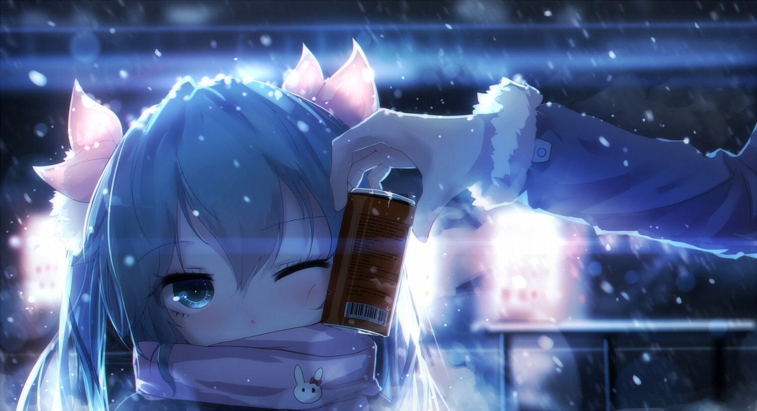 Hatsune Miku, the popular Vocaloid character, winks playfully while holding a drink, set against a snowy backdrop that enhances the anime's enchanting atmosphere.