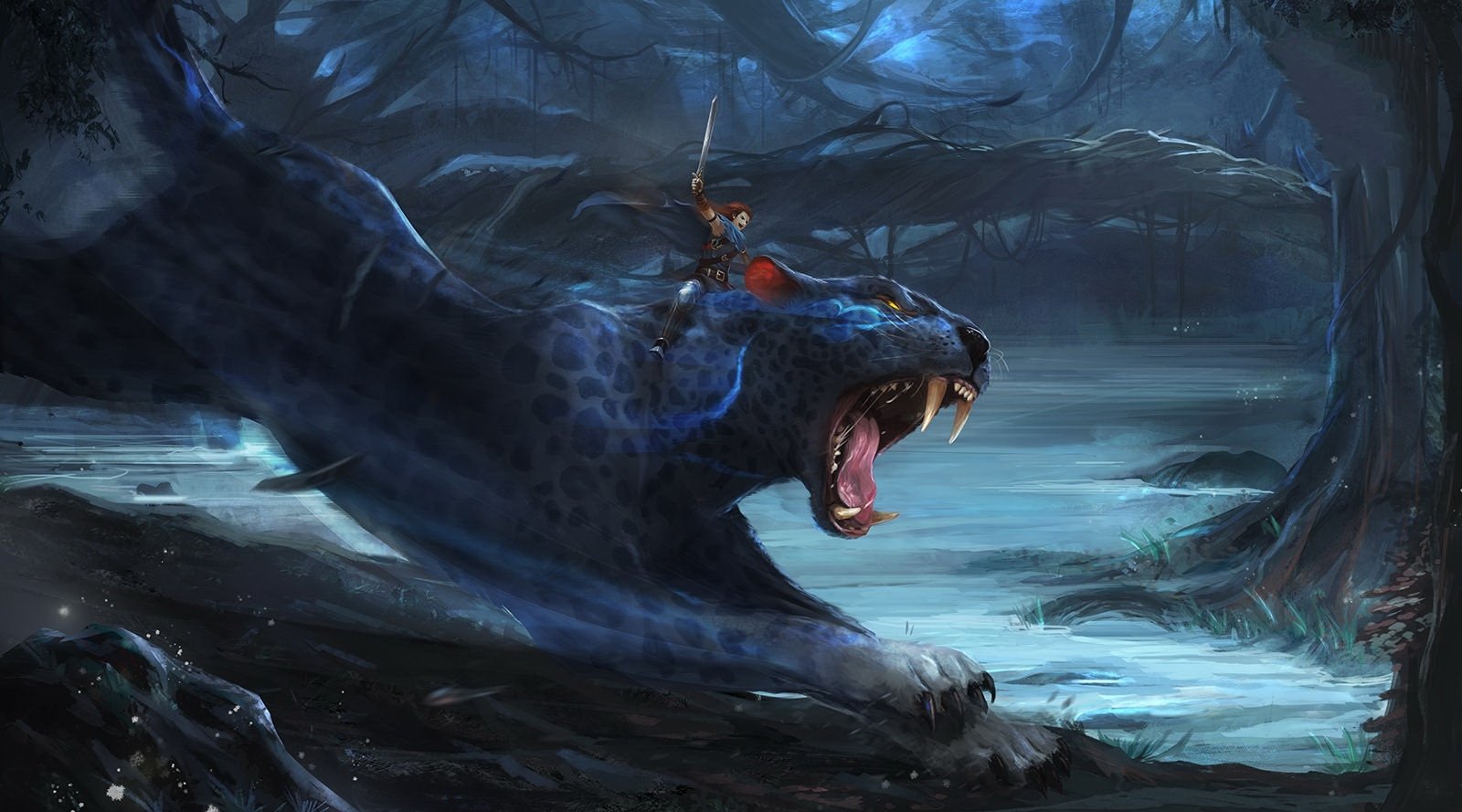 A fantasy animal resembling a massive, dark blue panther with glowing spots, roaring fiercely in a mystical forest under moonlight.