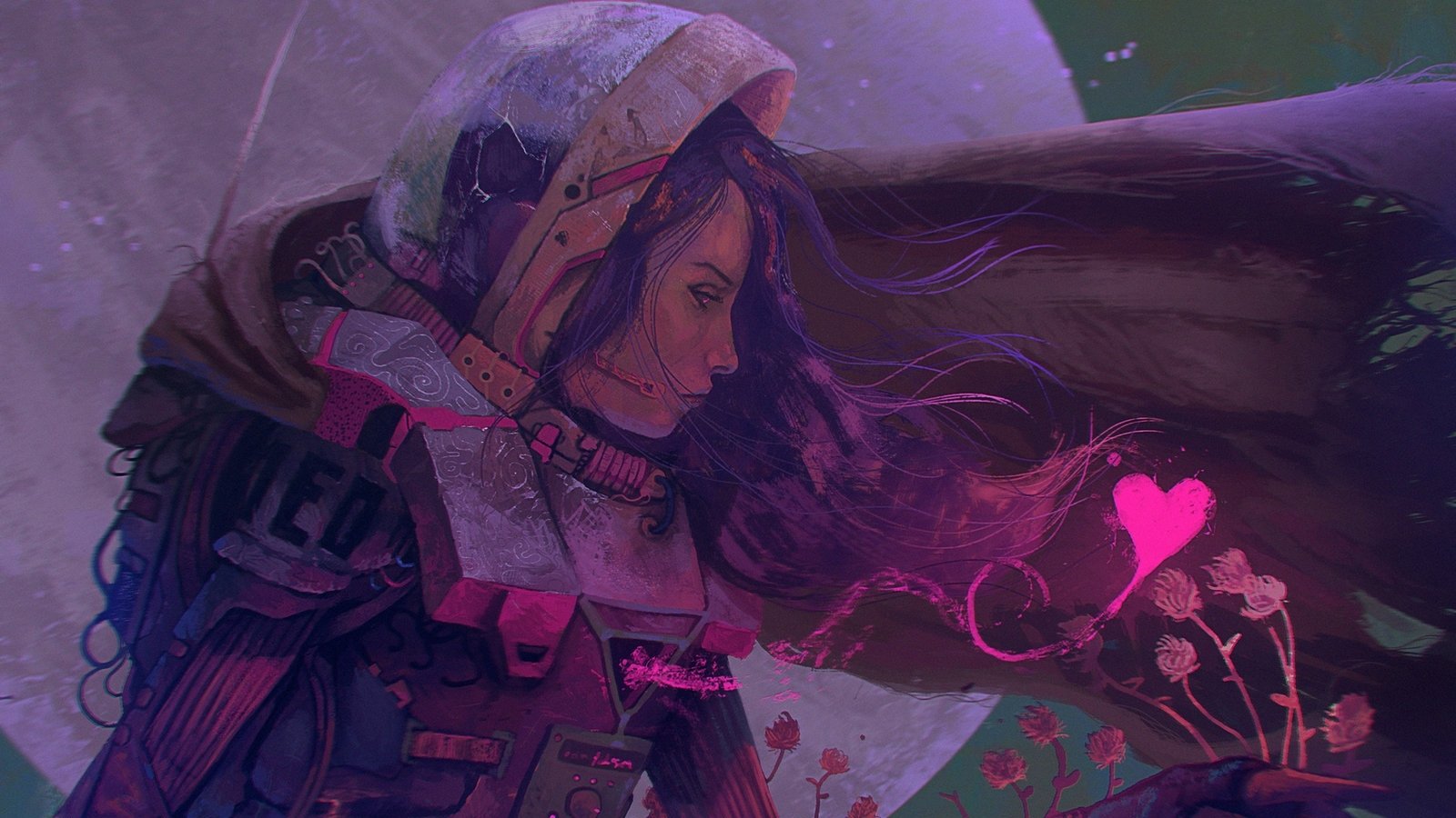 A sci-fi woman in futuristic armor gazes thoughtfully as strands of her flowing hair intertwine with glowing heart-shaped and floral elements.