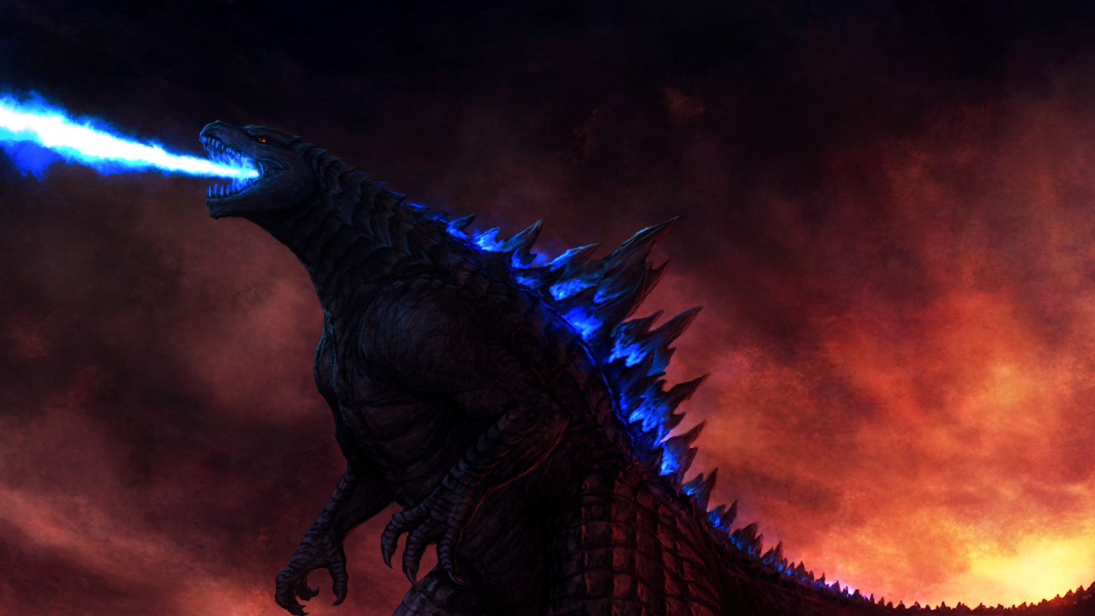 A dramatic image of Godzilla from the 2014 movie, showcasing the iconic monster breathing blue fire against a fiery backdrop.