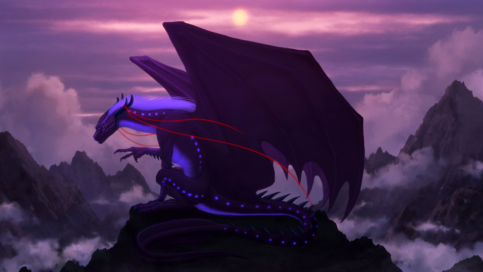 A majestic purple dragon perches on a mountain peak, surrounded by clouds and a serene landscape, bathed in the soft light of dawn, evoking a sense of peace and fantasy.