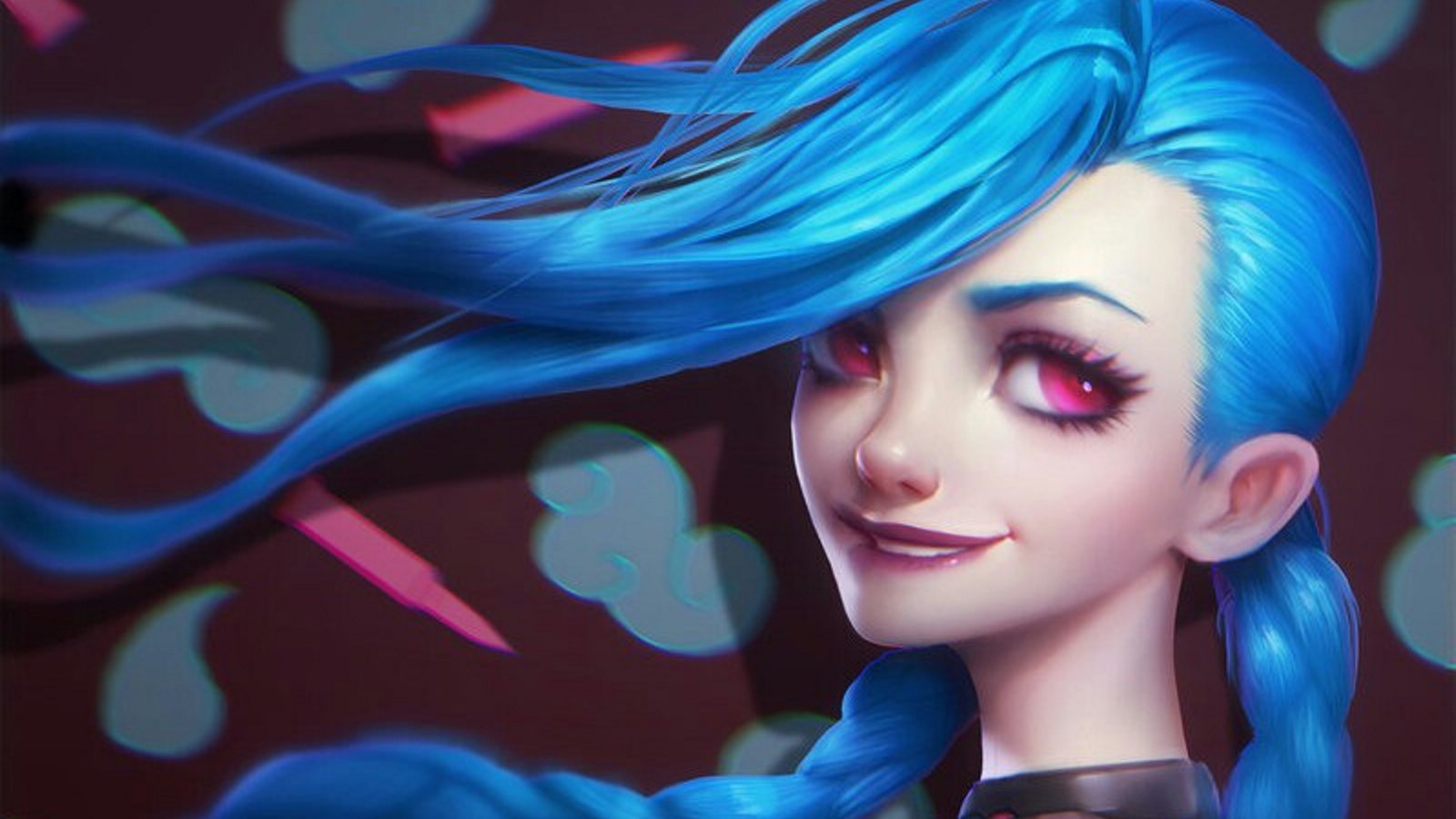 A vibrant portrayal of Jinx from League of Legends, featuring her long blue hair and striking red eyes, set against a playful background with colorful shapes.