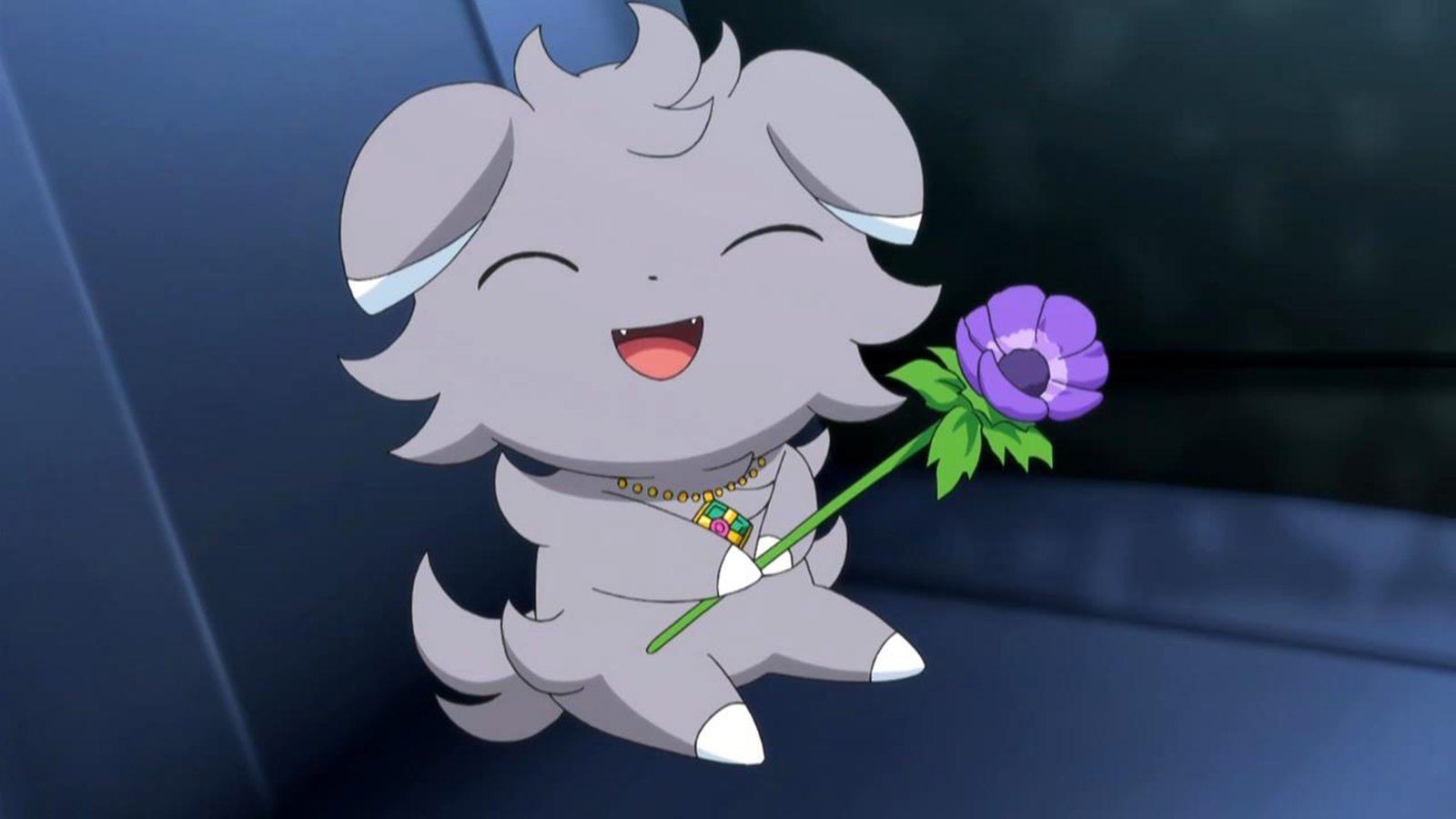 Espurr, a small gray Pokémon from the video game series, smiles happily while holding a purple flower.