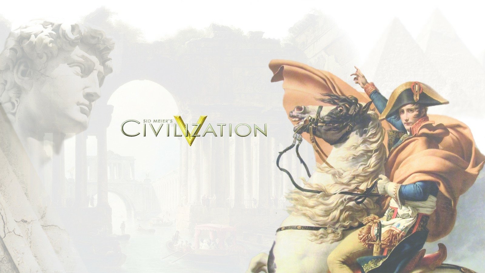 Artwork from the video game Civilization V featuring a statue on the left and a historical figure on horseback on the right.