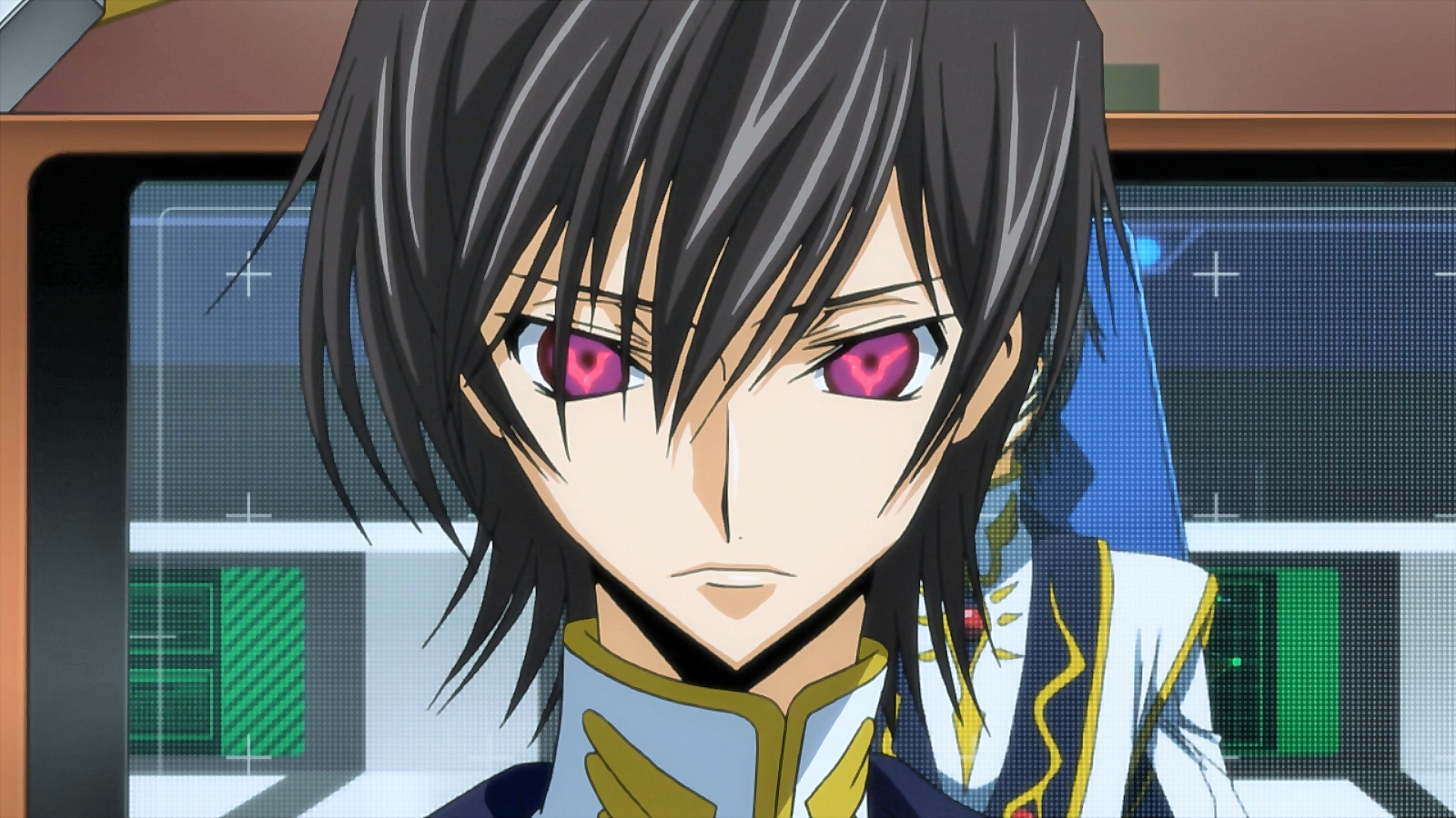 Close-up of Lelouch Lamperouge (Code Geass) with piercing magenta eyes and black hair, wearing a decorated military-style uniform in a control room.