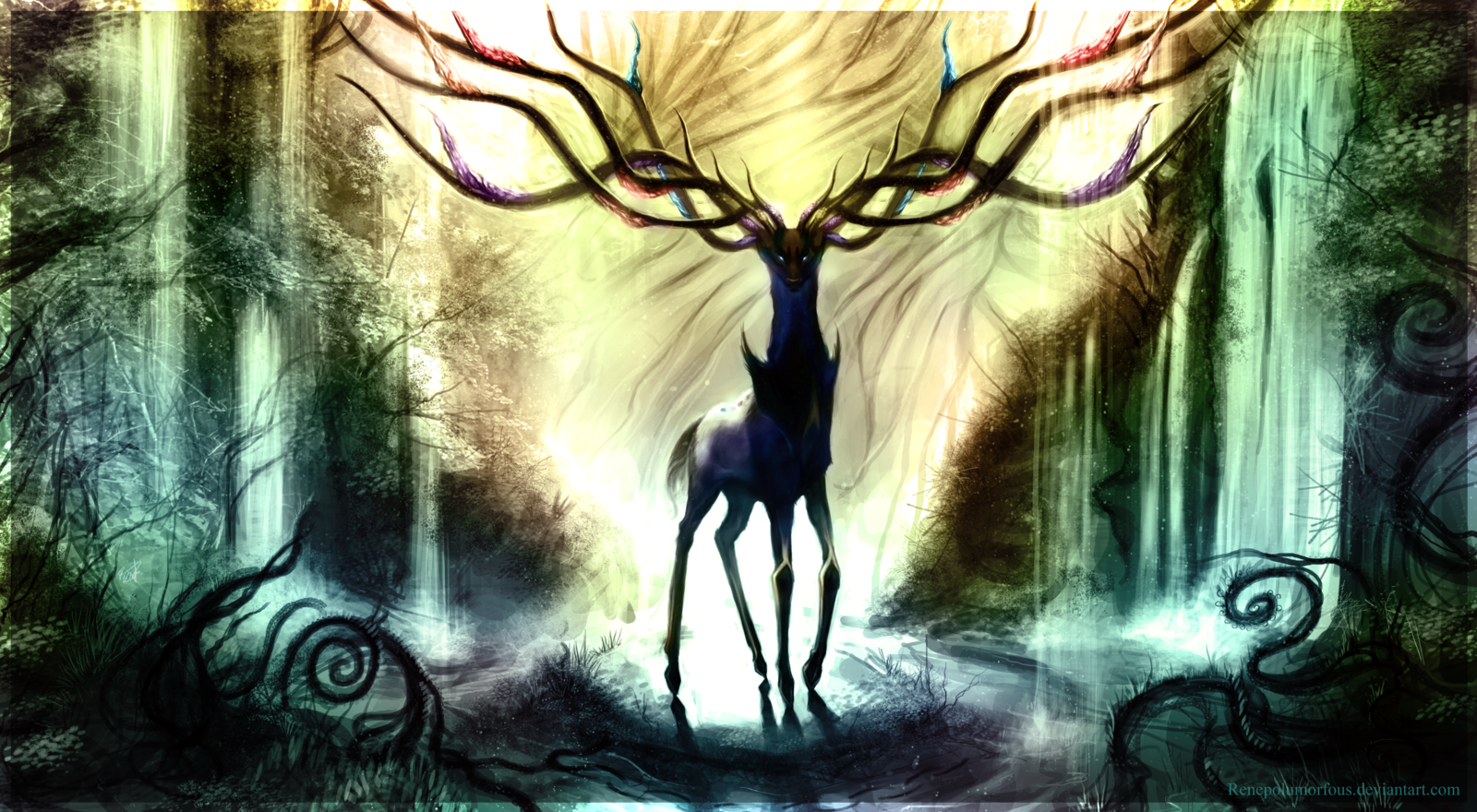A vibrant illustration of Xerneas, the legendary Pokémon, stands majestically in a mystical forest, surrounded by ethereal light and intricate flora, capturing the essence of the Pokémon video game world.