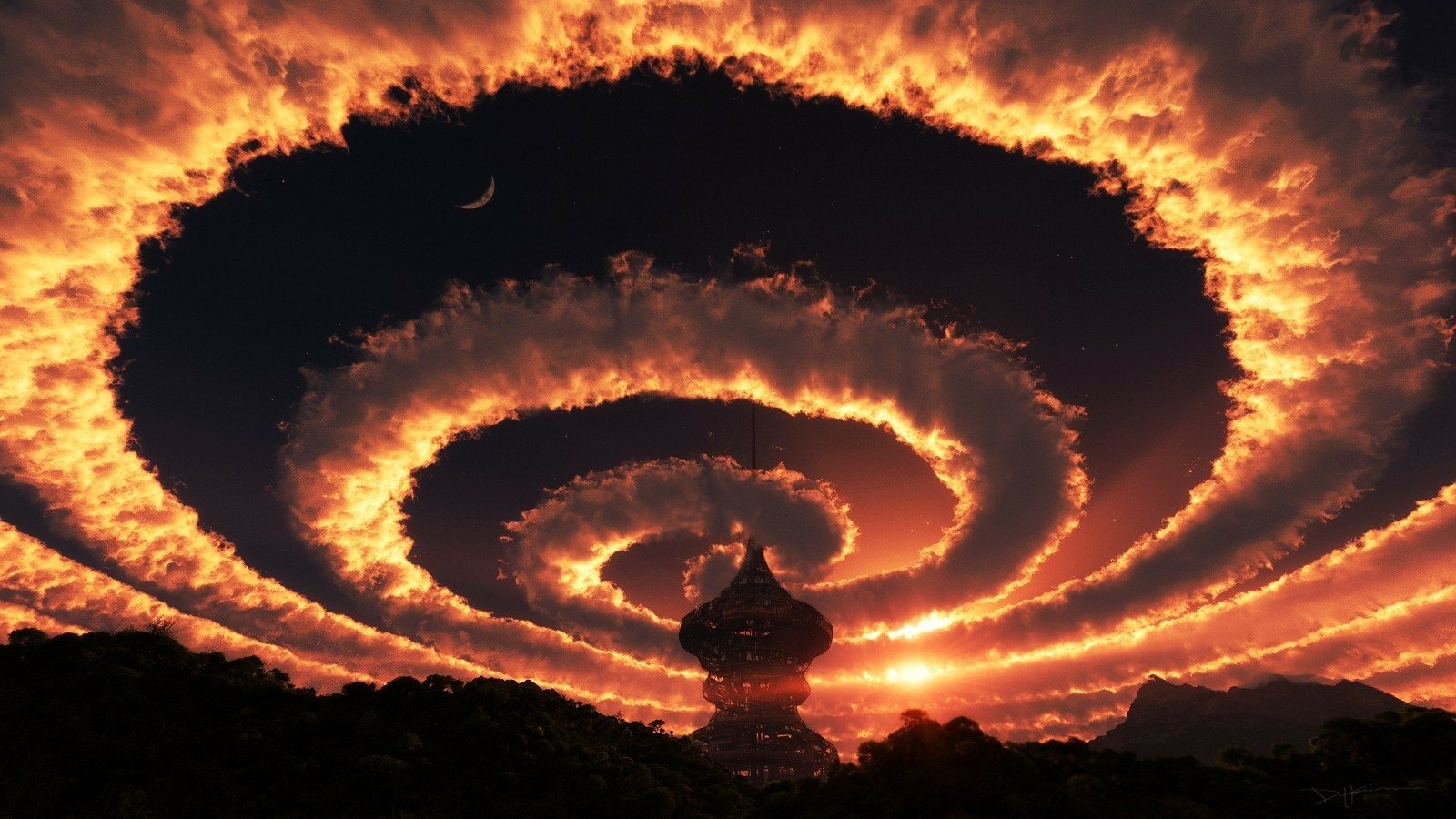 A spiraling formation of glowing clouds twists above a silhouetted, sci-fi-style building against a fiery sky at sunset.