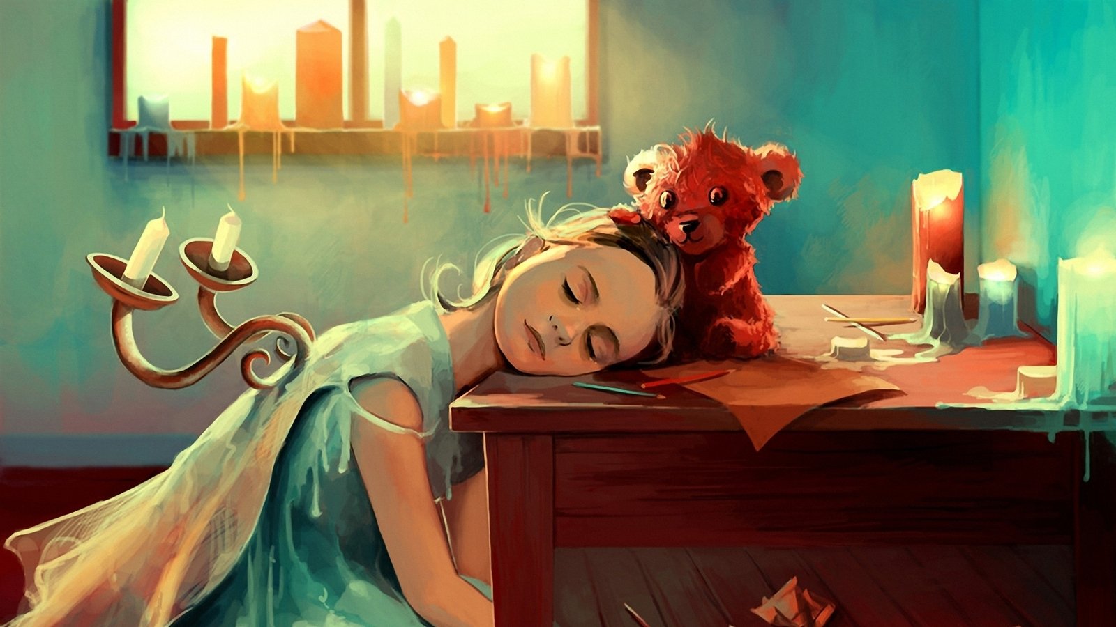 A child in a soft blue dress peacefully rests her head on a table, accompanied by a teddy bear. Candlelight glows softly in the background, creating an artistic and serene atmosphere.