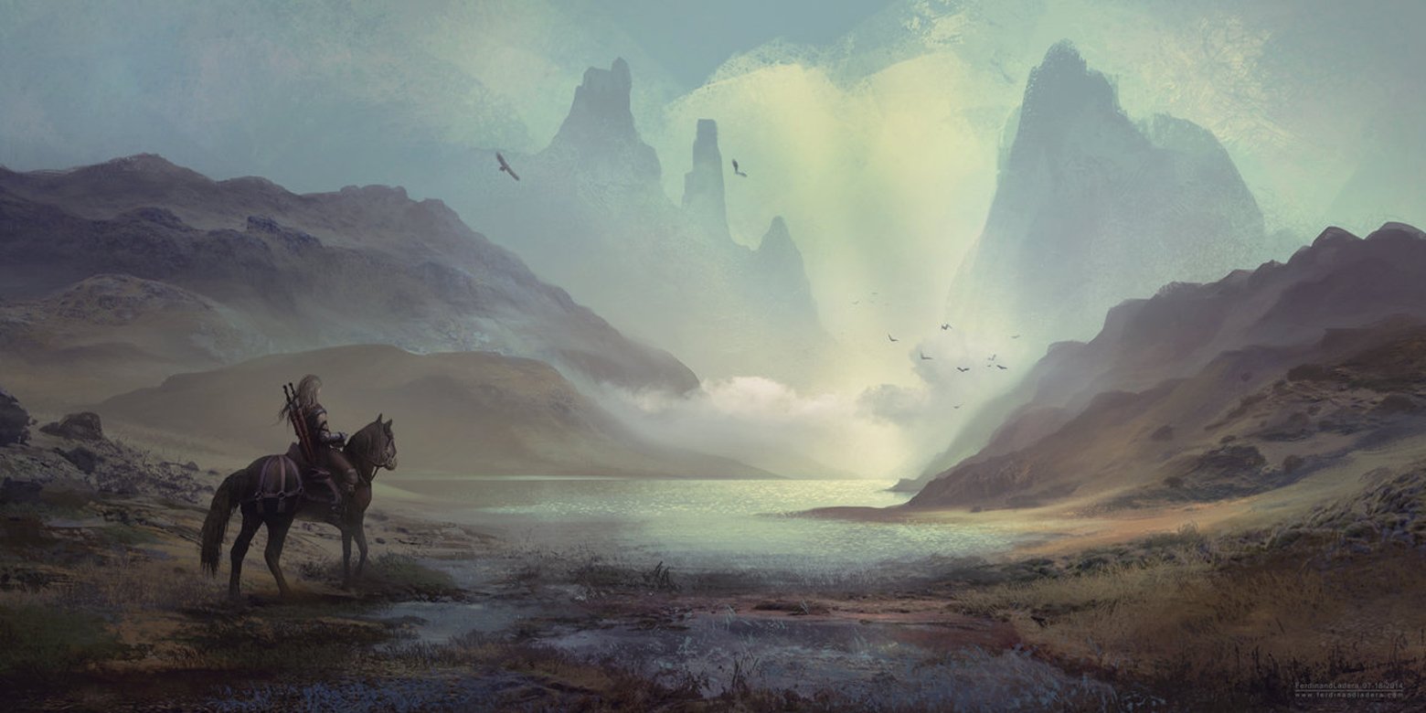 A lone rider on horseback pauses by a misty river in a vast, rugged fantasy landscape with towering, jagged mountains shrouded in ethereal light.