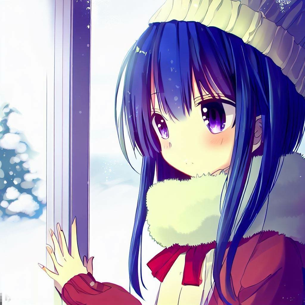  anime girl looking out of a window in winter