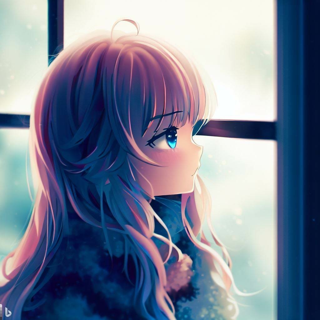  anime girl looking out of a window in winter