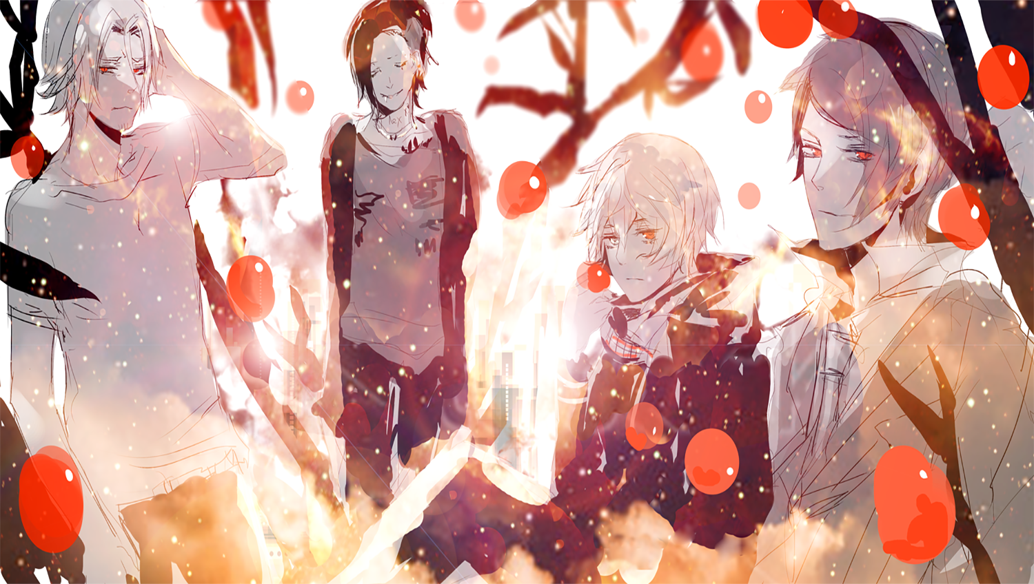 A vibrant illustration featuring characters Uta, Suu Tsukiyama, Kazuichi Banjou, and Ken Kaneki from the anime Tokyo Ghoul, set against a dynamic and fiery background.