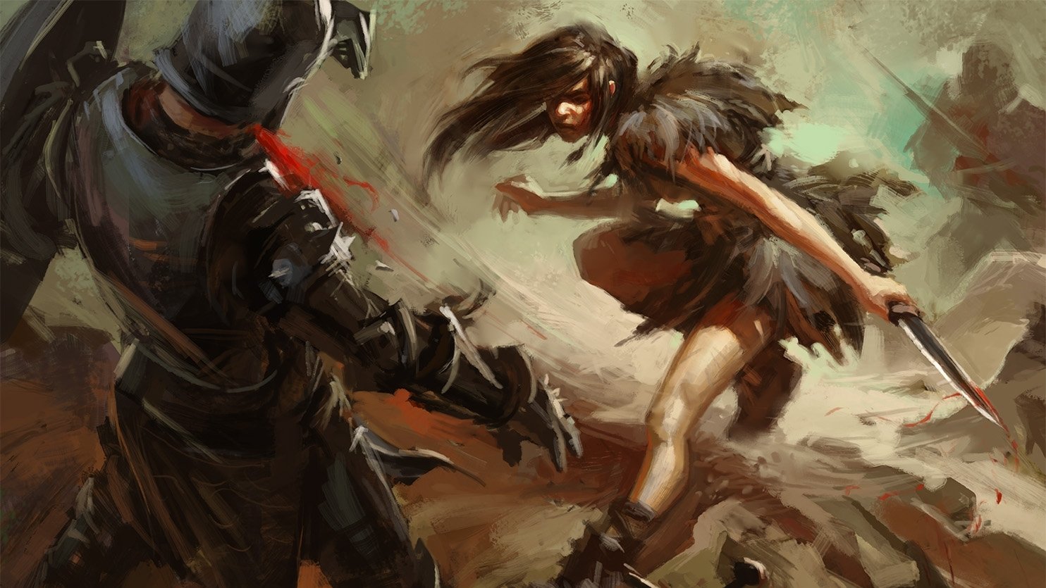 Fantasy woman warrior in fur and leather, dagger raised as she lunges at an armored knight across a smoky battlefield.