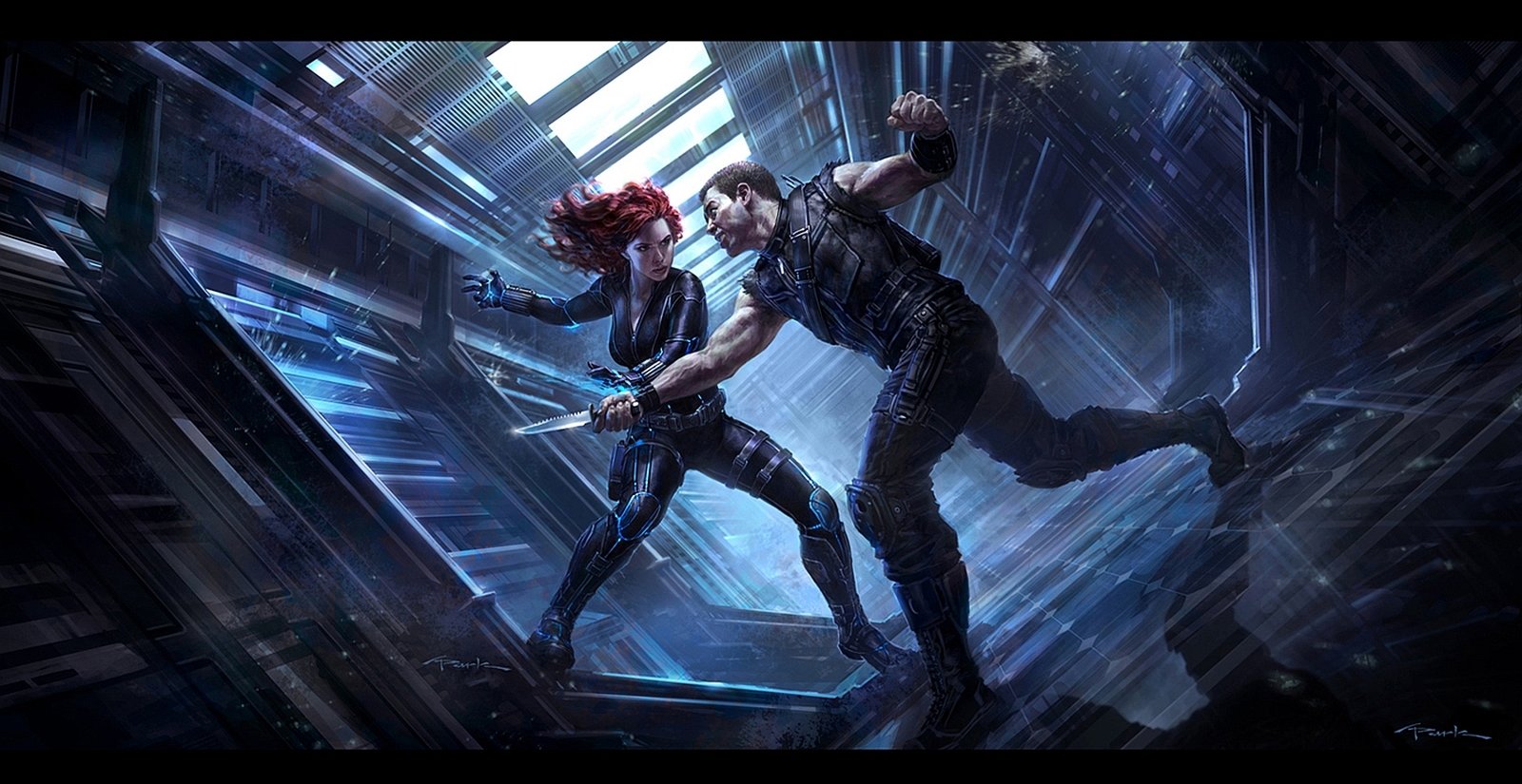 Black Widow and Hawkeye engage in a dynamic fight scene inside a futuristic Avengers facility in the Black Widow movie.