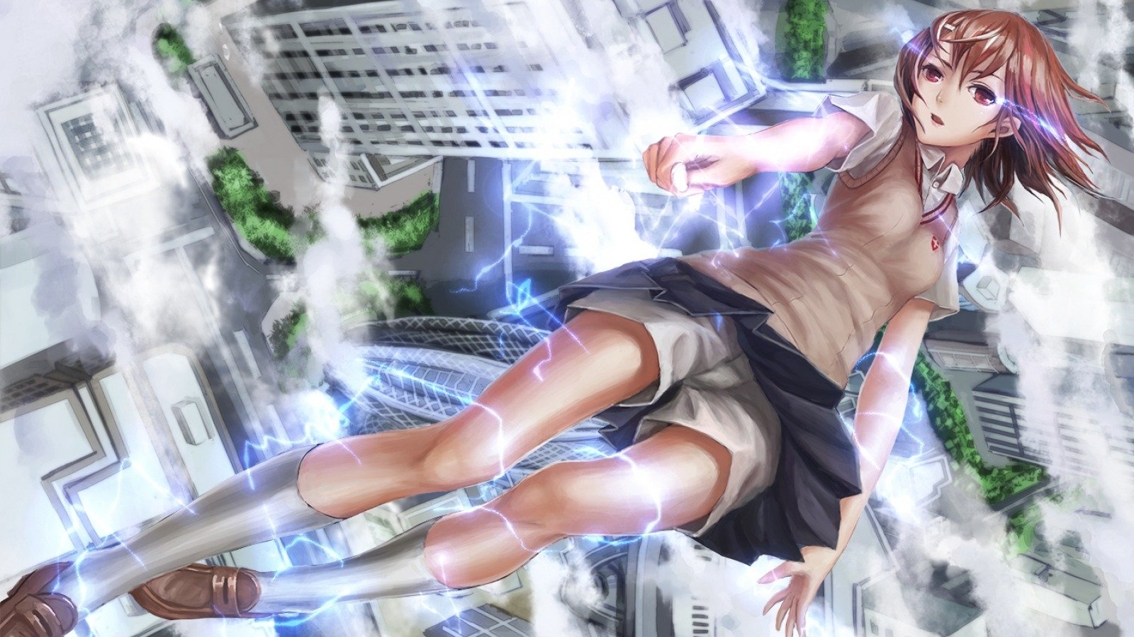 Mikoto Misaka from A Certain Scientific Railgun unleashes her electric powers, floating above a cityscape with sparks of electricity surrounding her.