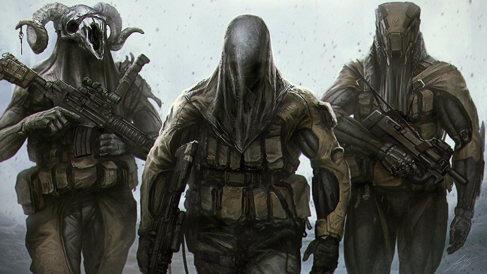 Three imposing sci-fi warriors clad in tactical armor and helmets, armed and advancing through a misty, battle-worn environment.