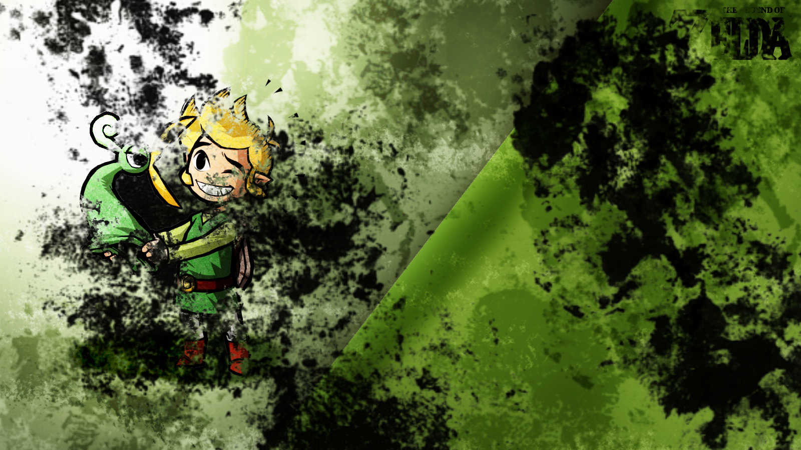 Artwork featuring Link holding Ezlo from the video game The Legend of Zelda: The Minish Cap, set against a textured green and black background.