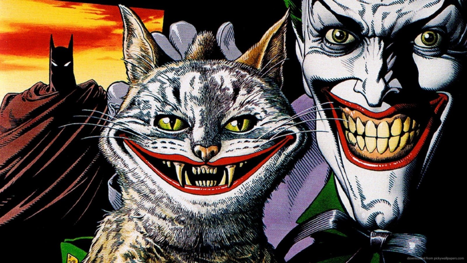 Illustration from Batman: Legends of the Dark Knight featuring Joker, Batman, and a grinning cat with Joker-like facial features.
