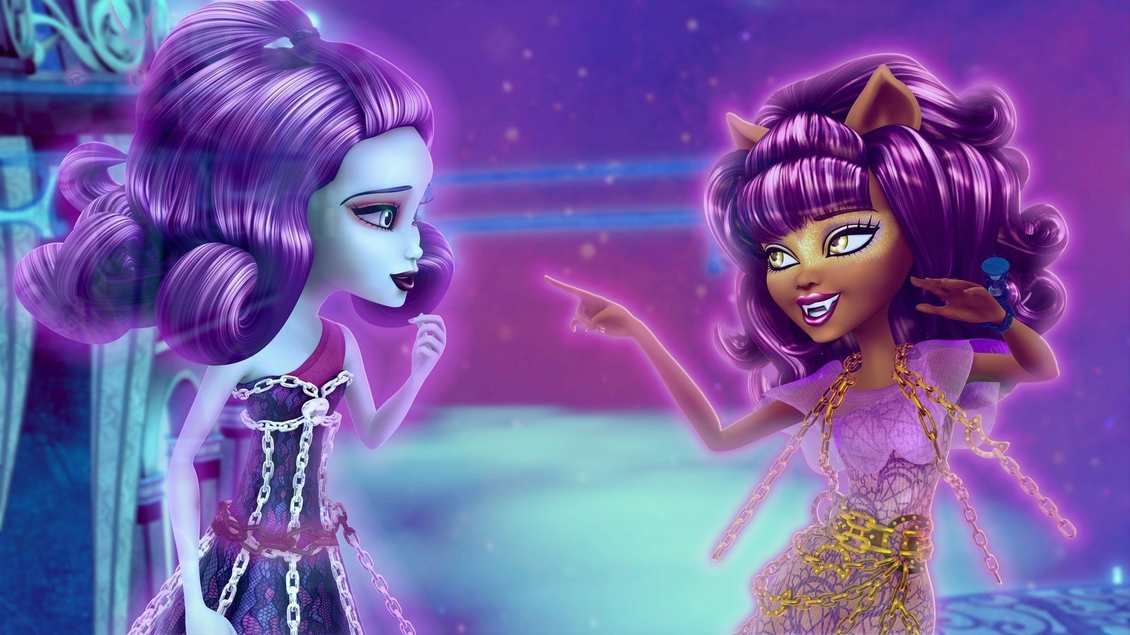 Two Monster High characters from the movie Monster High: Haunted — a blue-skinned girl with purple hair and a catlike girl in gold-purple attire point and smile against a glowing purple, ghostly backdrop.
