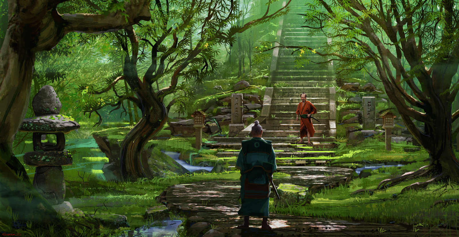 A fantasy scene with two samurai standing on a stone path leading to an ancient, moss-covered temple surrounded by lush, green forest.