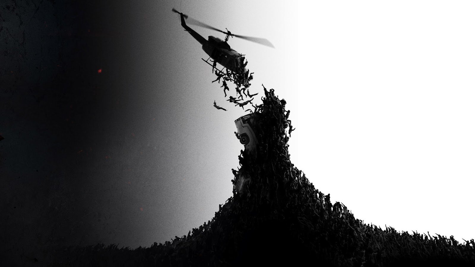 Black-and-white World War Z image: helicopter hovers as a writhing mass of bodies climbs a towering human wave.