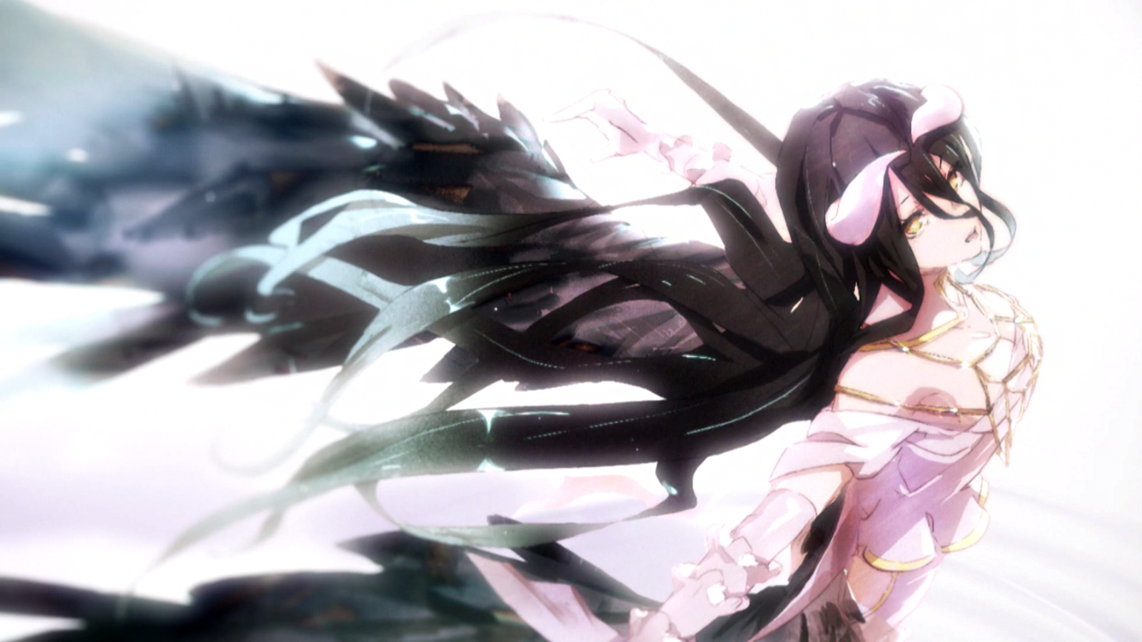 Albedo from Overlord, depicted in a dynamic pose with flowing dark hair and a striking expression, embodies the essence of this popular anime series.